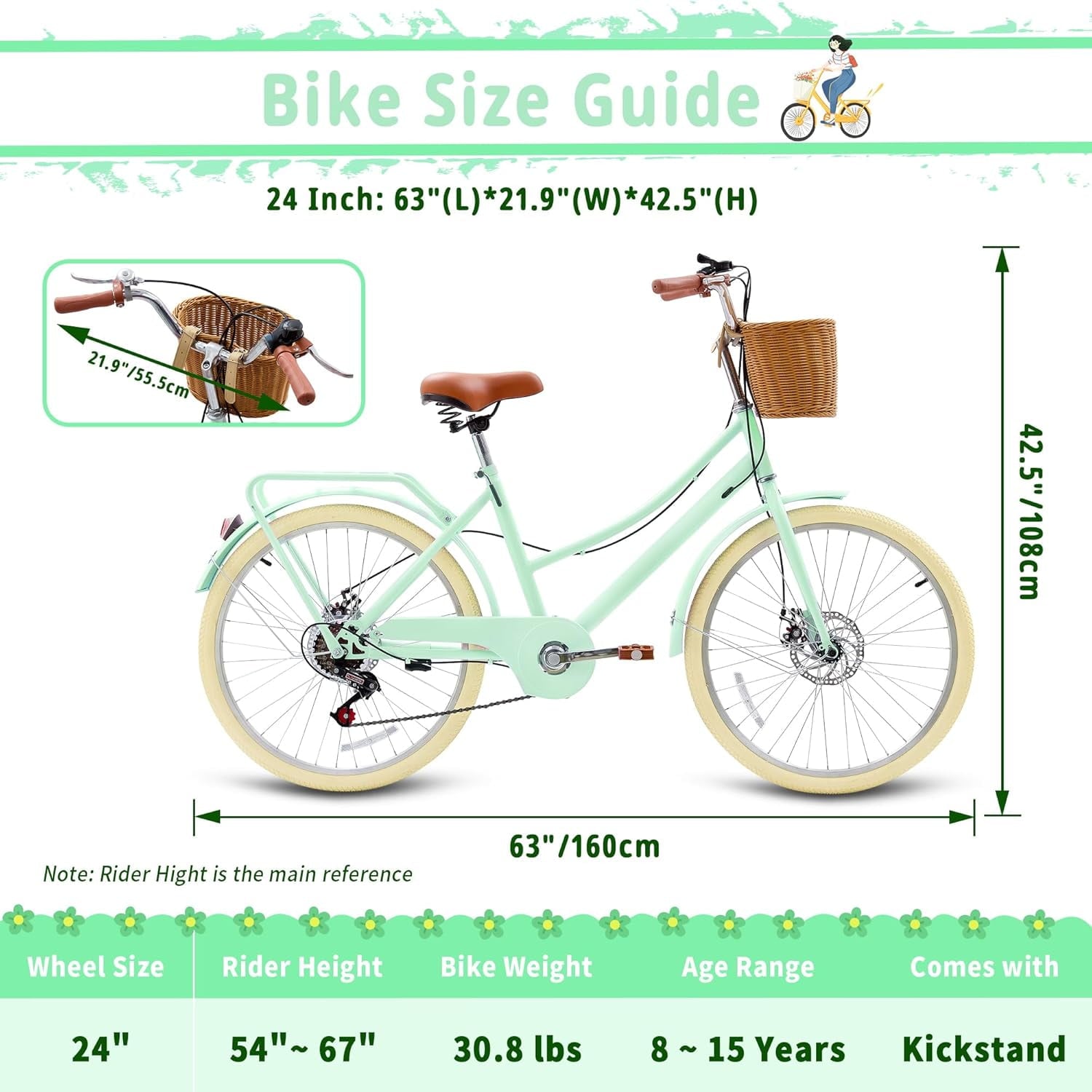 24 Beach Cruisers for Women, Pipleo Bikes for Women with Rattan Basket, 7-Speed & Step-Through Frame