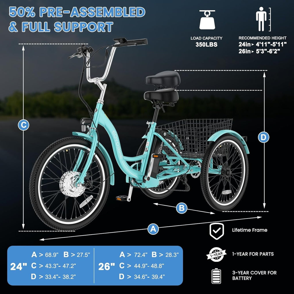 MOONCOOL Electric Trike for Adults w/ Rearview Mirror kit, 700W Peak Motor 10.4Ah battery .24/26 7 Speeds 3 Wheels Low Step Through Unisex Electric Trikes .35-60Miles
