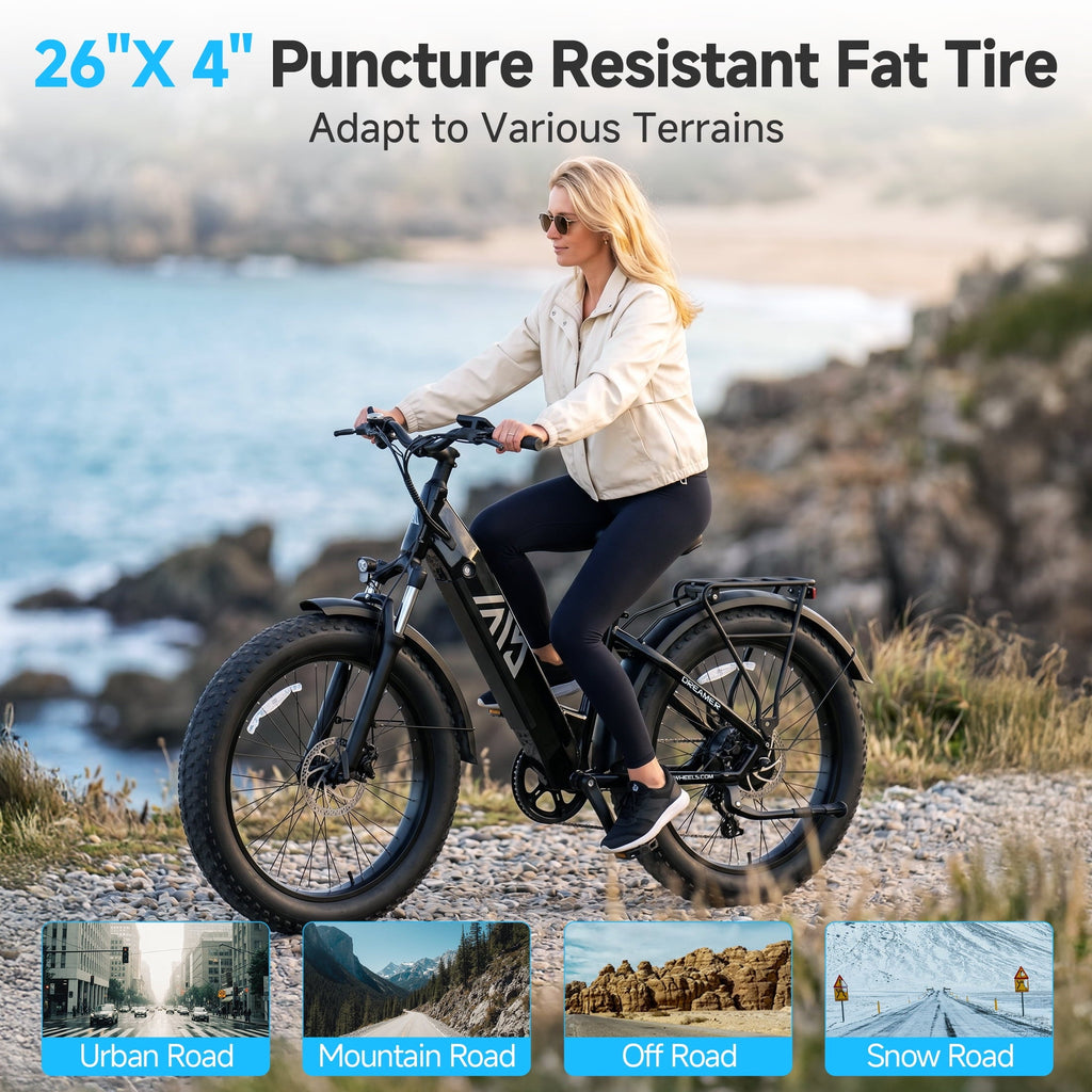 TST Dreamer Electric Bike for Women, Peak 750W E-Mountain Bike, 26 Fat Tire Electric Bike, 48V/15Ah Battery UL2849, 60Miles Long Range, 7-Speed Gear