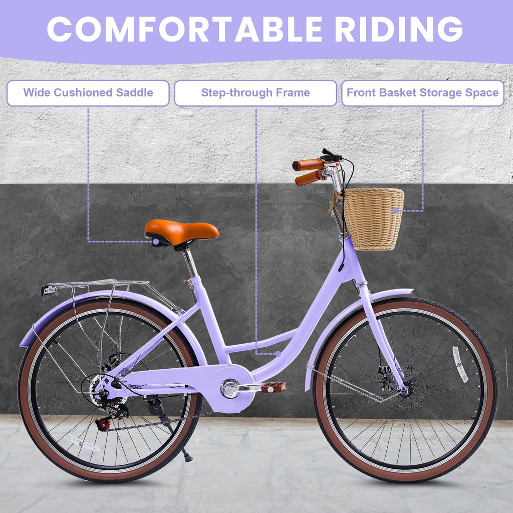 24 Beach Cruisers for Women, Pipleo Bikes for Women with Rattan Basket, 7-Speed & Step-Through Frame