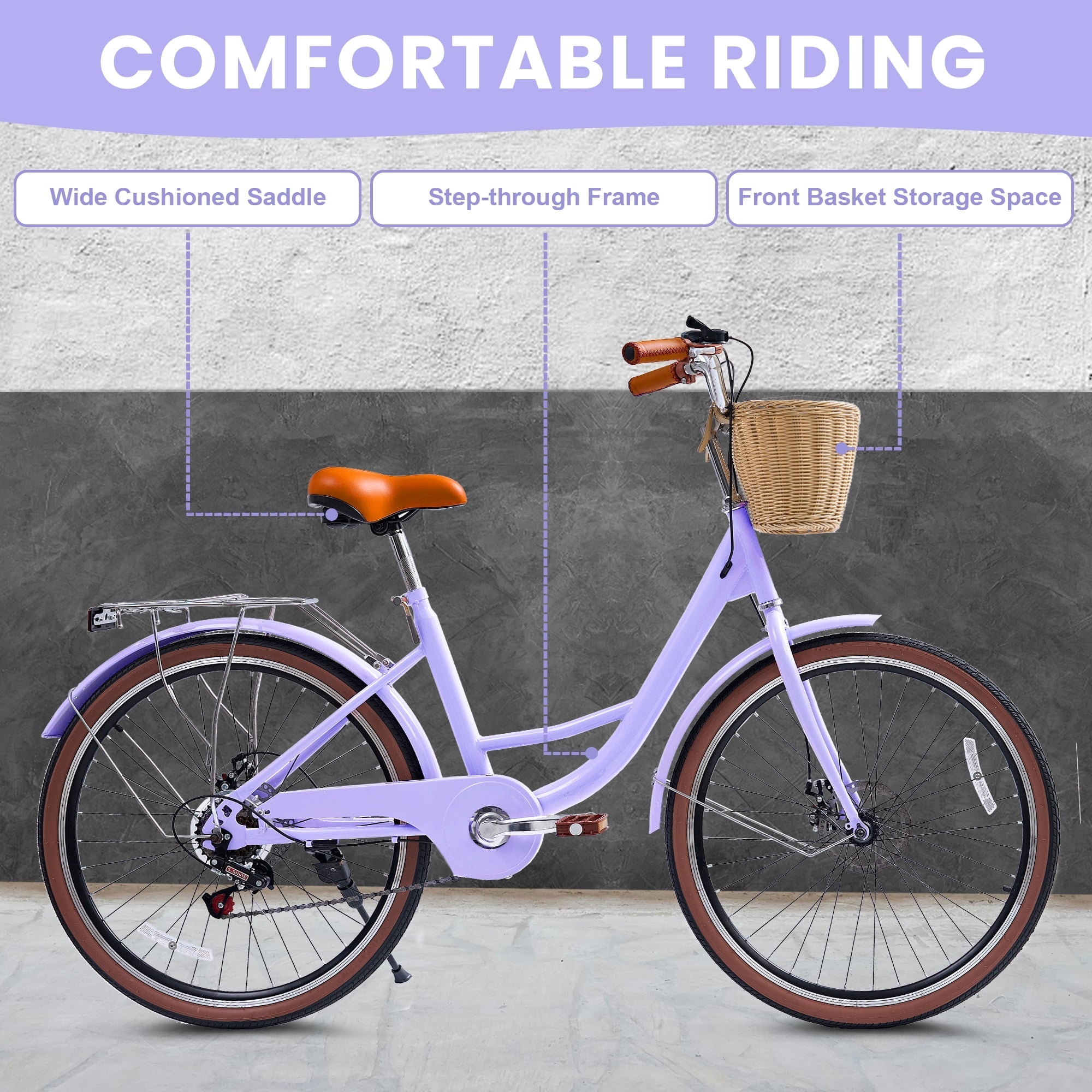 24 Beach Cruisers for Women, Pipleo Bikes for Women with Rattan Basket, 7-Speed & Step-Through Frame