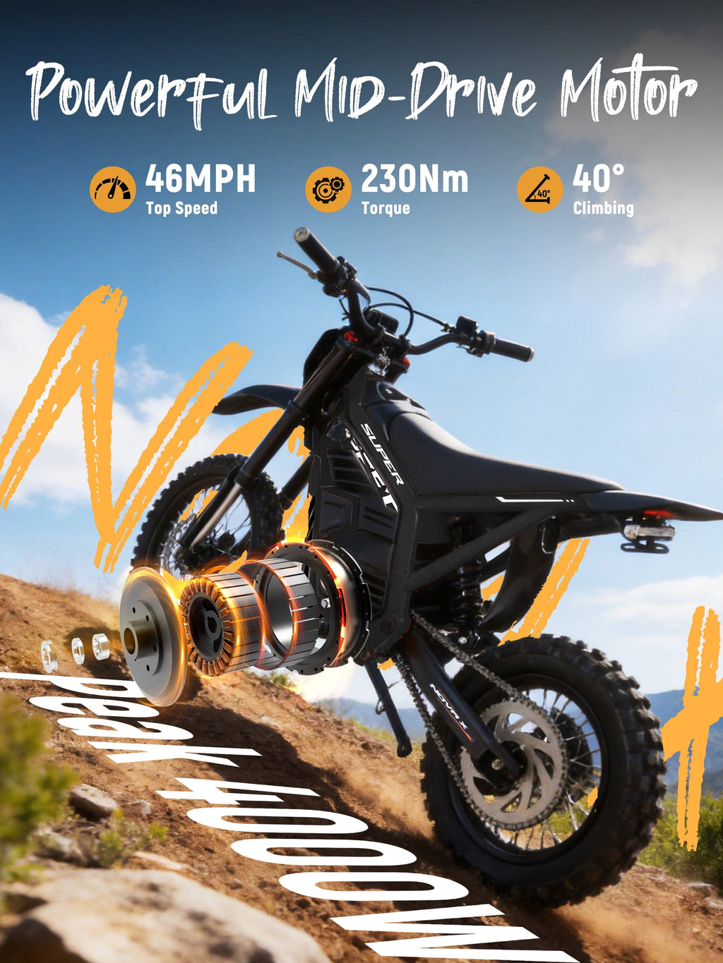 ESKUTE NovaX Electric Dirt Bike for Teens & Adults, 4000W Peak Mid-Drive Motor, 35-46 MPH Off-Road E-Bike, 48V 22.8Ah Battery, 14/12 Wheels, Hydraulic Dual Shock Suspension Orange