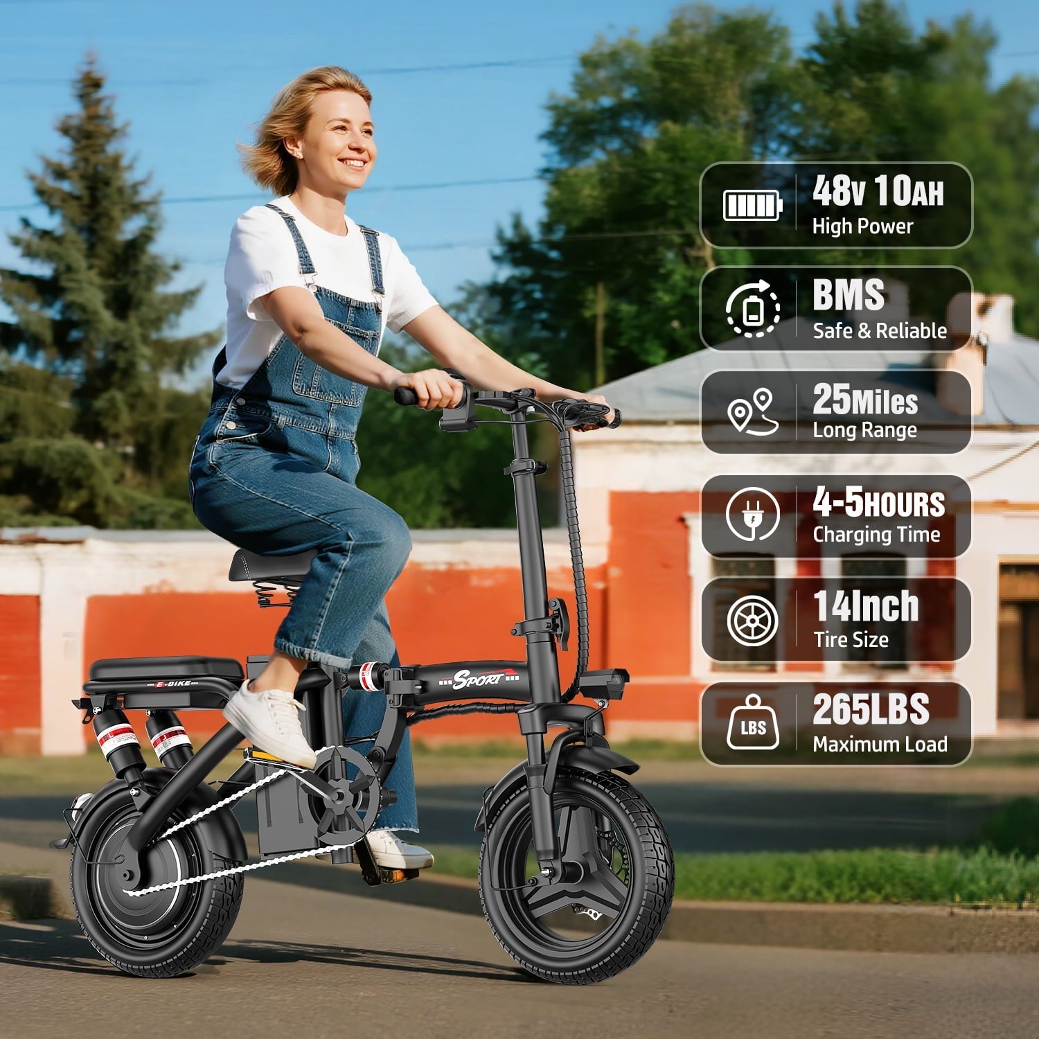 GWEIT Electric Bike for Adults,1000W Peak Folding Electric Bike, 40-Mile Range, 14-Inch Tire E-Bike with 48V 10Ah Removable Battery, Electric Mini Bike