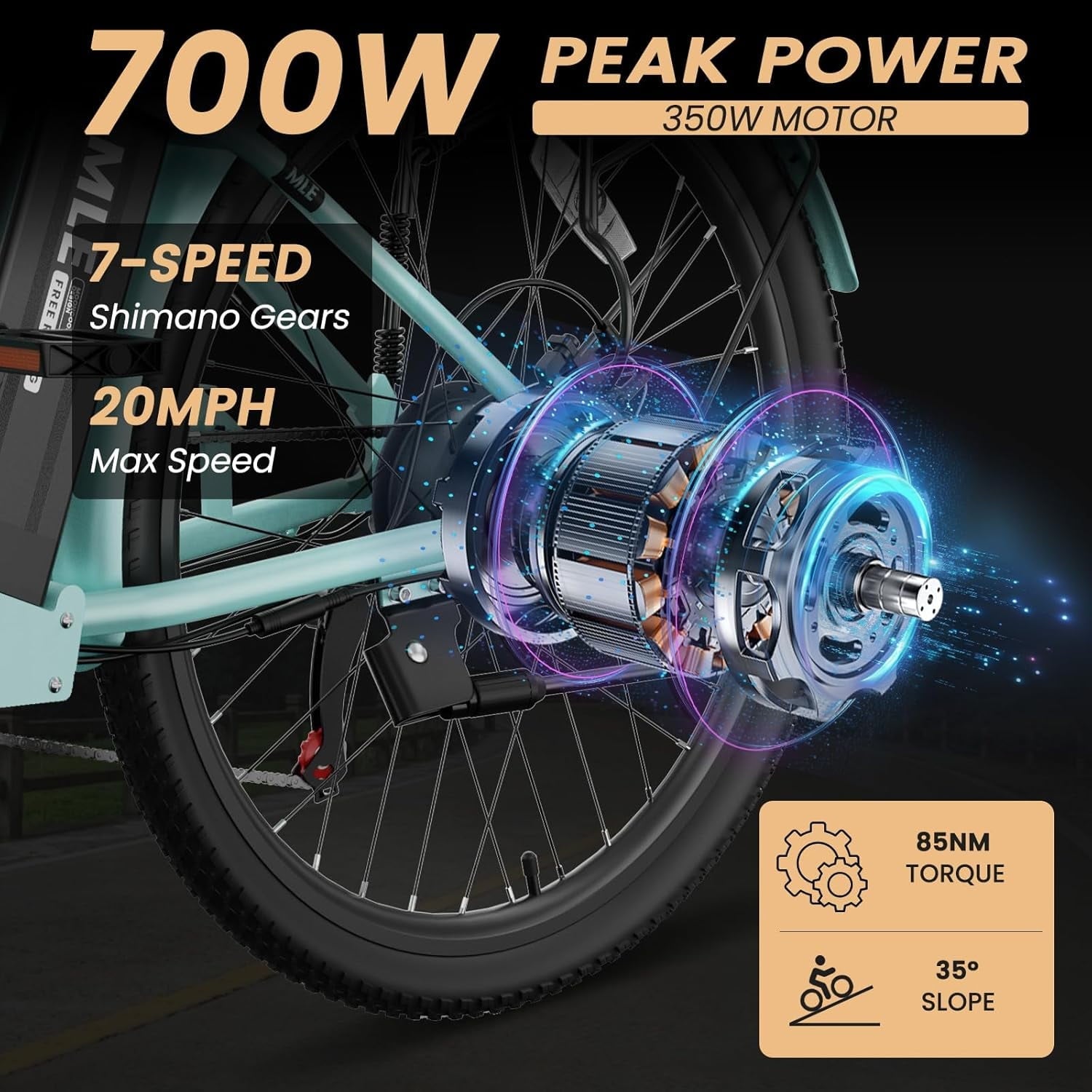MOONCOOL Electric Bicycle for Adults 350W , 7-Speed Ebike with 36V 10.4Ah Removable Battery . 40 Miles Range , 20 mph Electric Commuter Bike for Women Men