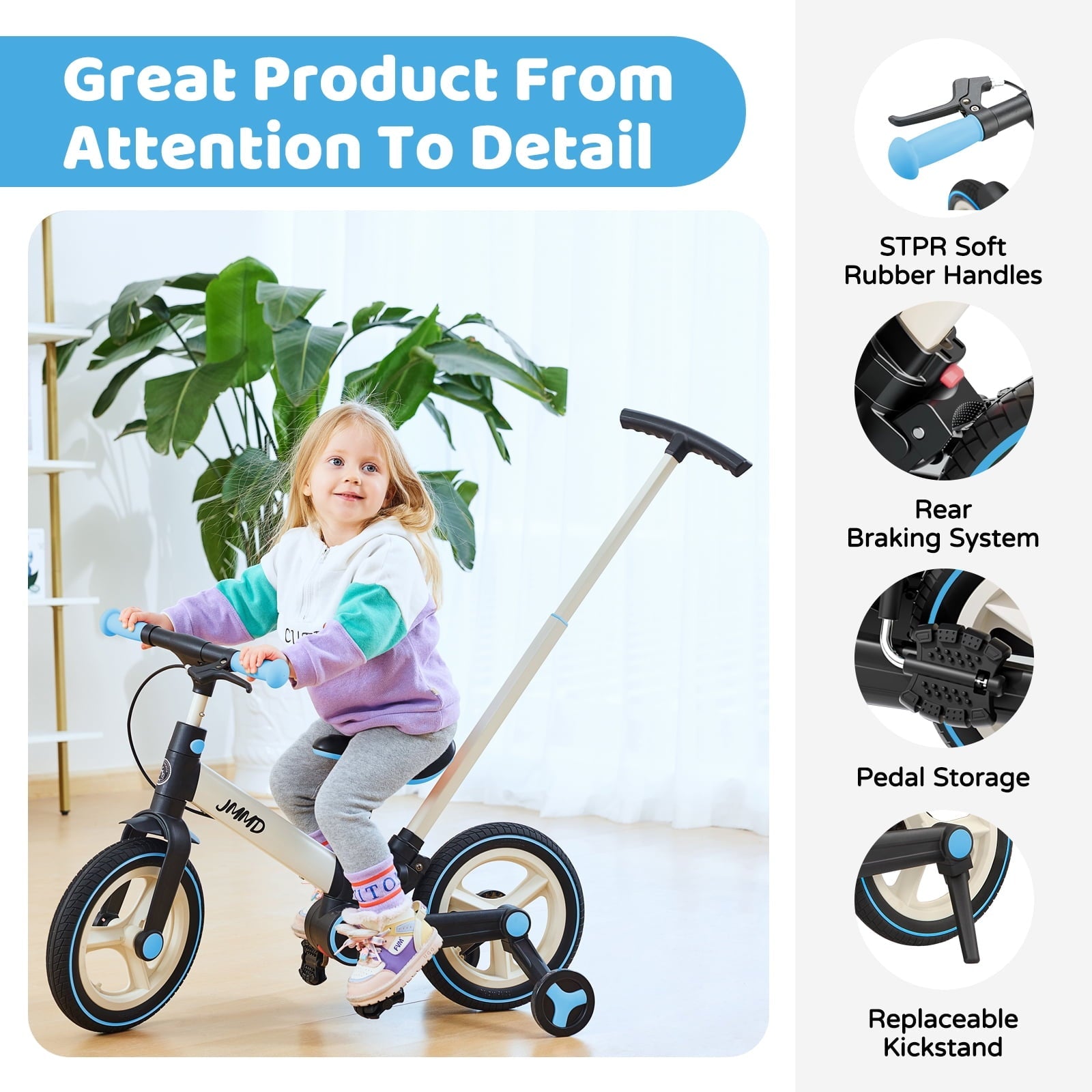 JMMD Toddler Bike with Push Handle for Kid 18-60 Months, 6 in 1 Foldable Tricycle with Training Wheel, Pedals, Kid Balance Bike for Boy & Girl, Black