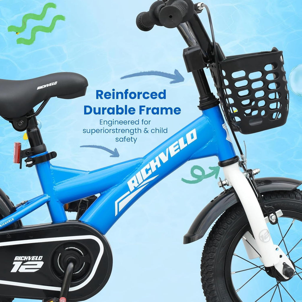 Kids Bike 12 Inch for Boys Girls, BMX Style Kids' Bicycle with Removable Training Wheels and Basket, Coaster Brake Toddlers Children's Bicycle Gift for Boys Girls 2-4 Years Old, Blue
