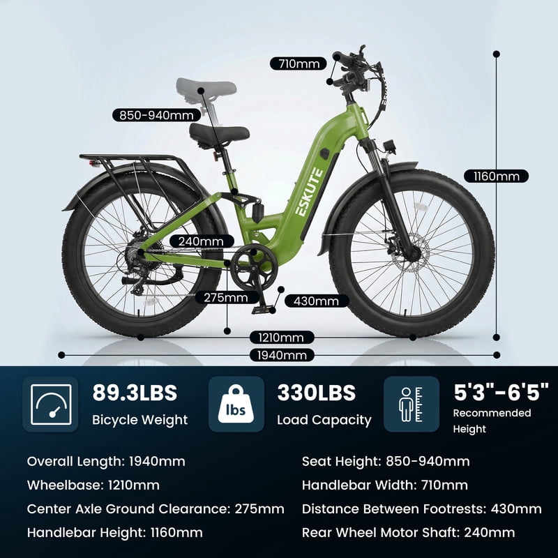 ESKUTE C300 1500W Electric Bike for Adults, 48V 20.8Ah Battery, 32MPH, 80 Miles Range, 26x4.0 Fat Tire Step-Thru Ebike, Full Suspension Electric Bicycle, 8-Speed Pink, UL2849