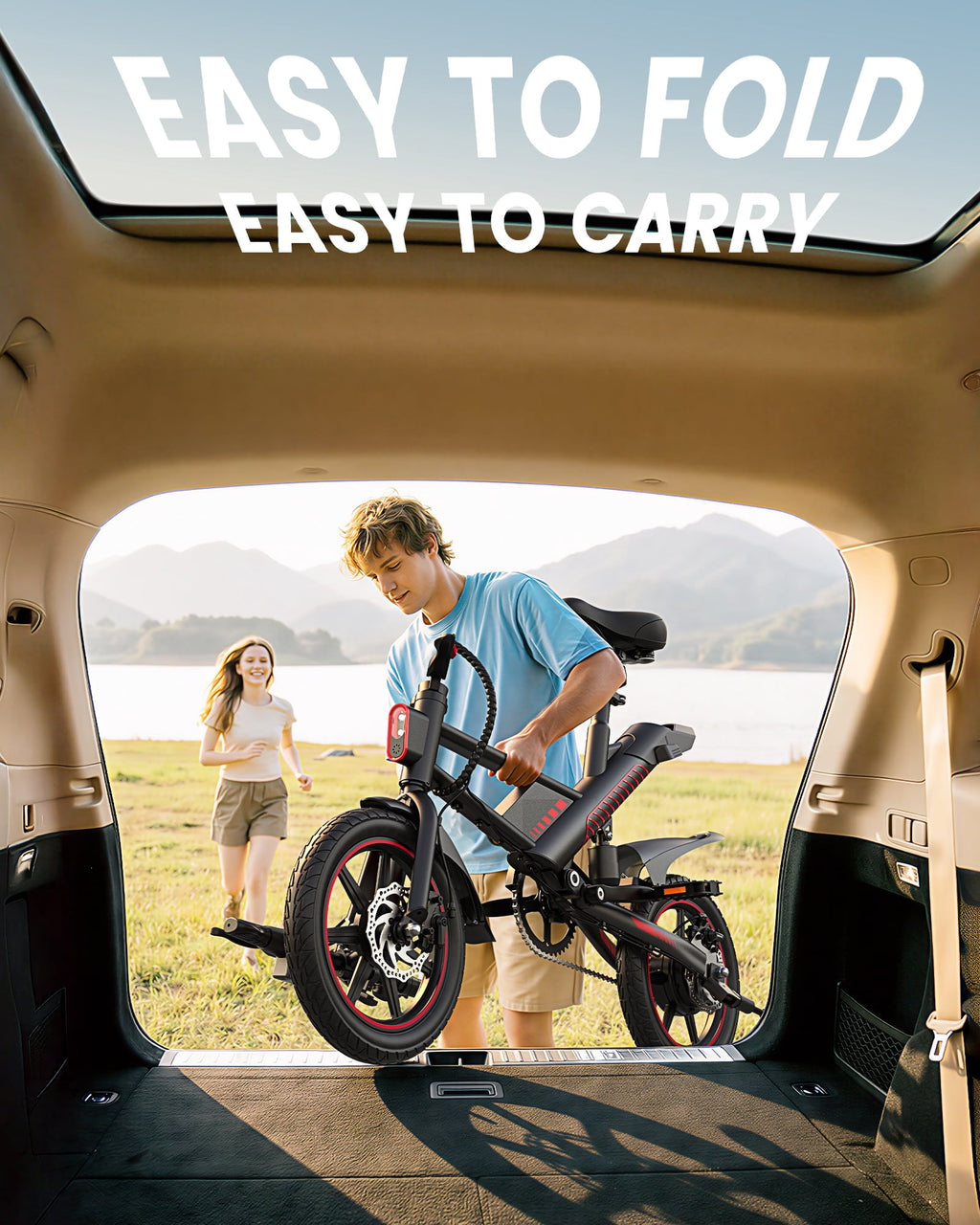 MIHOVER 14 Mini Electric Bike for Adults & Students, 3 Modes 30 Miles Range Rear Suspension,  E-Bike with Phone Holder & Lock, UL2849 Certified-Black