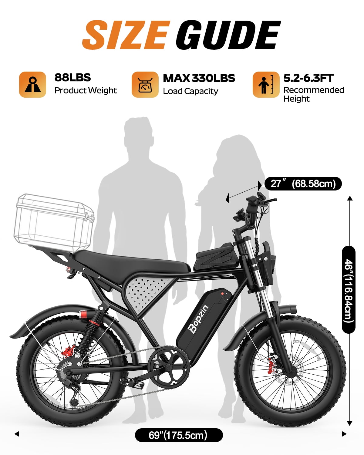 Bopzin Electric Bike for Adults, Peak 1500W App & Anti-Theft, 48V/25Ah, 20x4.0 Fat Tire Ebike, UL2849 E-Mountain Bike