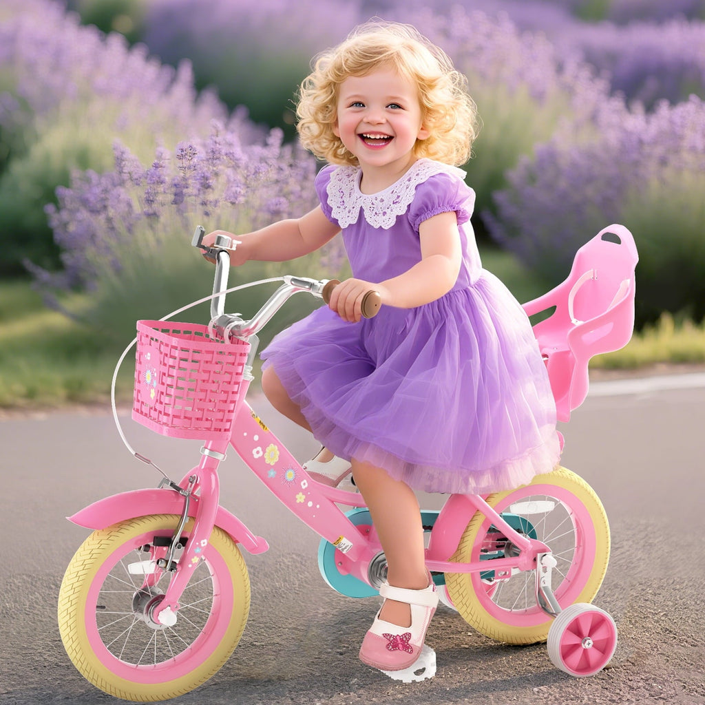 Korimefa Girls Bike for 3-9 Years Old Kids, 12 14 16 inch Kids Bike with Training Wheels, Basket and Doll Seat, Children Bicycles with Handbrake, Pink