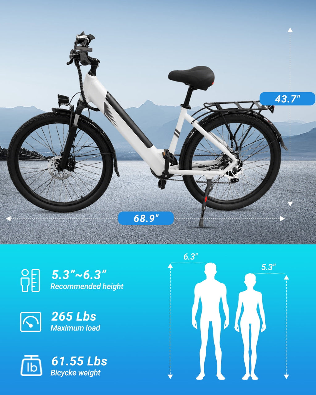 DYU C7L Electric Bike for Adults, 26 Peak 1000W Motor Ebike, 48V 10.4Ah Removable Battery, 45 Miles Max 20MPH, 7 Speed Electric Bicycle UL2849