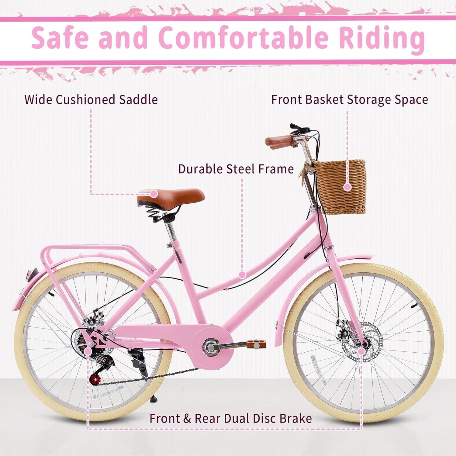 24 Beach Cruisers for Women, Pipleo Bikes for Women with Rattan Basket, 7-Speed & Step-Through Frame