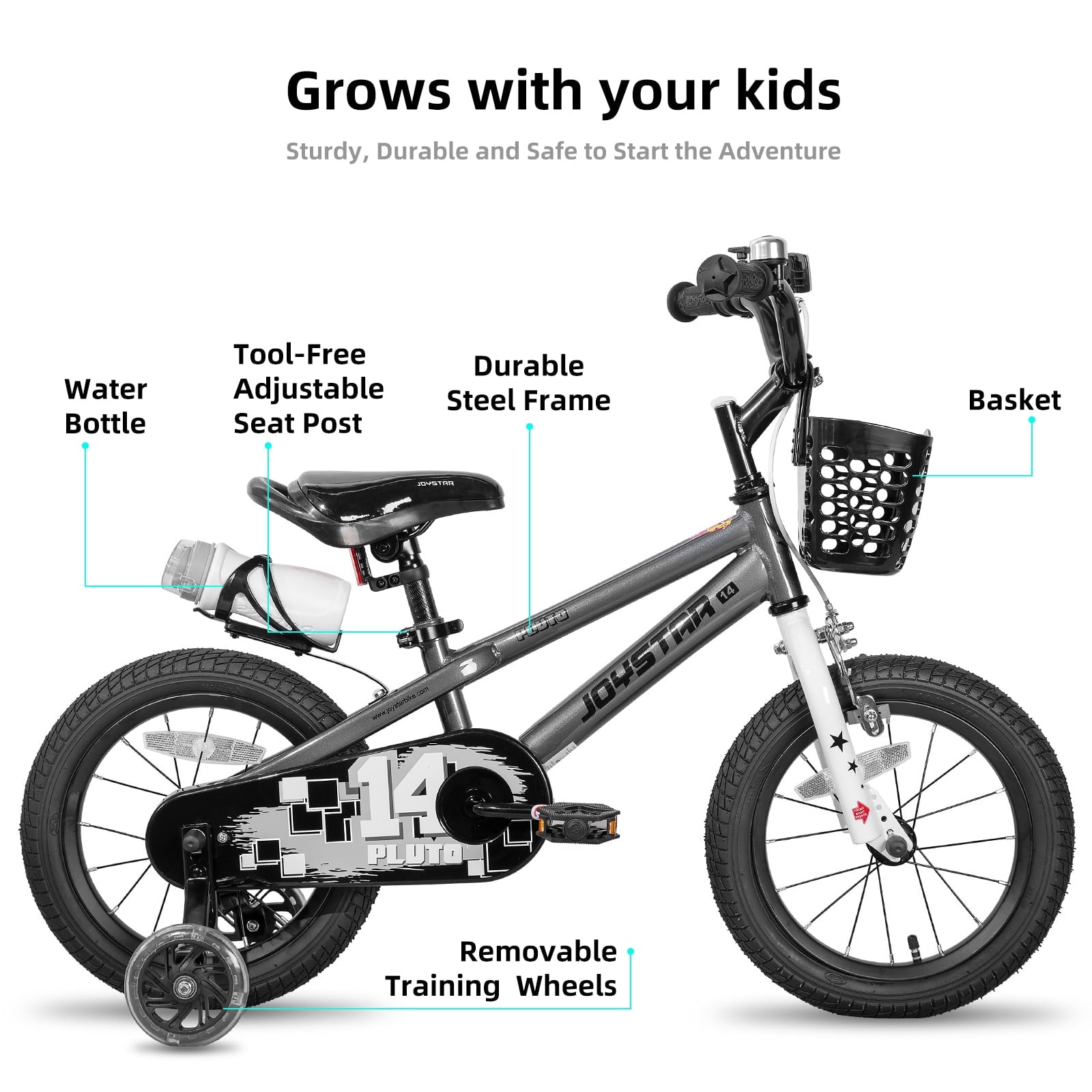 JOYSTAR Pluto Kids Bike with Training Wheels for 14 inch Bike, Gray