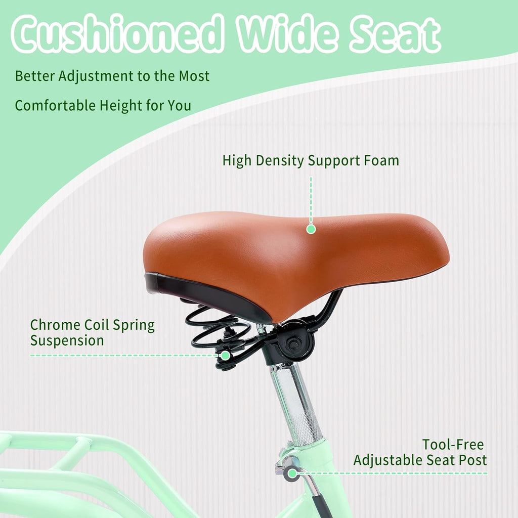 24 Beach Cruisers for Women, Pipleo Bikes for Women with Rattan Basket, 7-Speed & Step-Through Frame