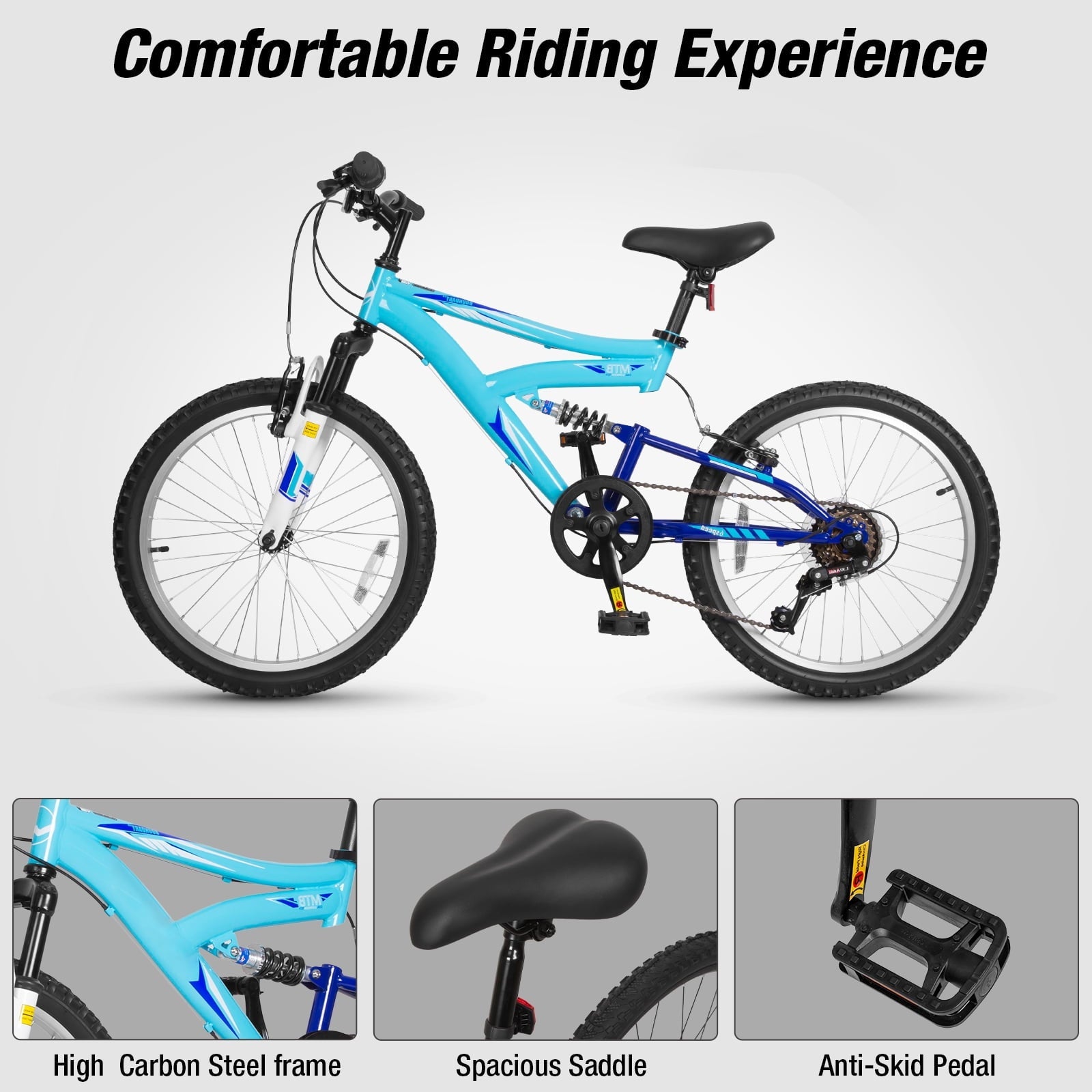 Hykolity Kids Mountain Bike 20 inch MTB Bicycle Age 6-12 Years Height 42-56 in Tween Cycling Full Suspension Sport Outdoor Bikes - Matte Black