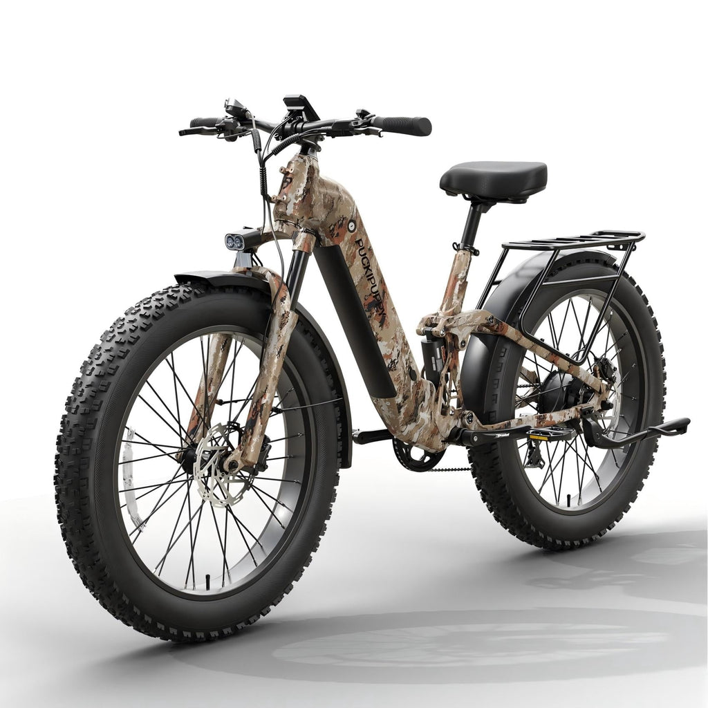 PUCKIPUPPY 26 Electric Bikes for Adults 960W Peak Step Through E-Bikes up to 80Miles Range 48V 20AH Battery Full Suspension Ebike 28 mph Max Speed Fat Tire E-Mountain Bike 7 Speed, UL2849 by SGS
