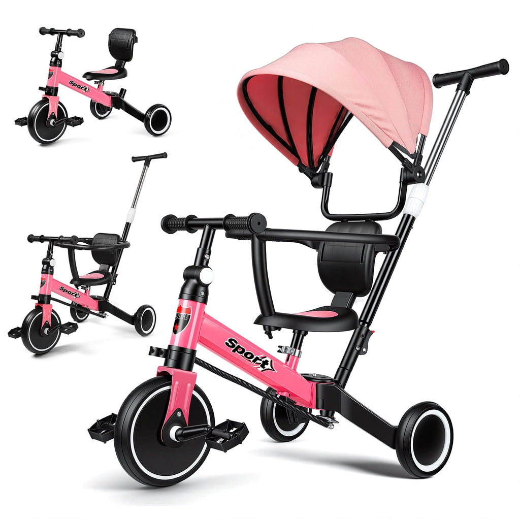 WLRETMCI 7 in 1 Toddler Bike, Tricycle for Toddlers 1-5 Year Old with UV Canopy, Balance Bike with Parental Control Handle, Adjustable Seat Height, Removable Pedal, Backrest (Pink)