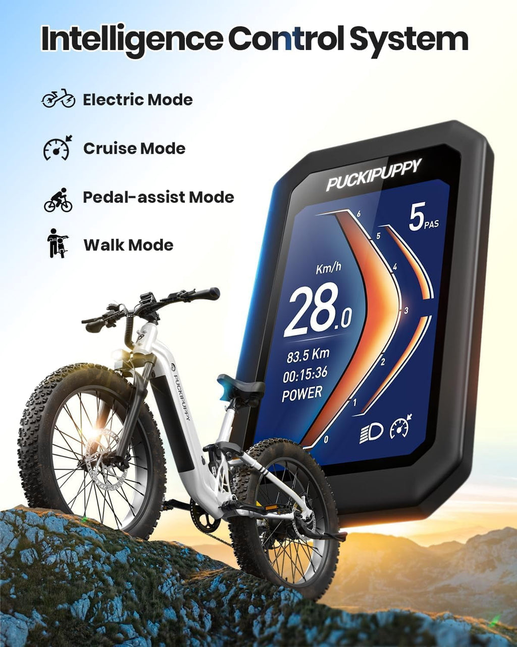 PUCKIPUPPY Electric Bikes for Adults 26 Step-Thru Ebikes 960W Peak Motor 80Miles Range 28mph Max Speed 48V 20AH Battery Full Suspension Fat Tire Mountain E Bike 7 Speed, Comply with UL2849 By SGS