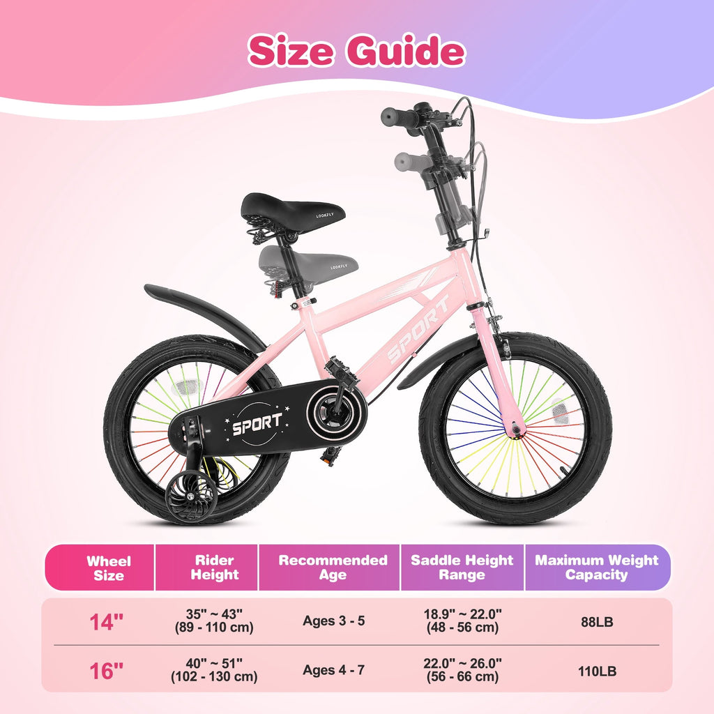 Lookfly 16 Kids Bike for Boys and Girls with Removable Training Wheels,Children's Cicycle,Purple