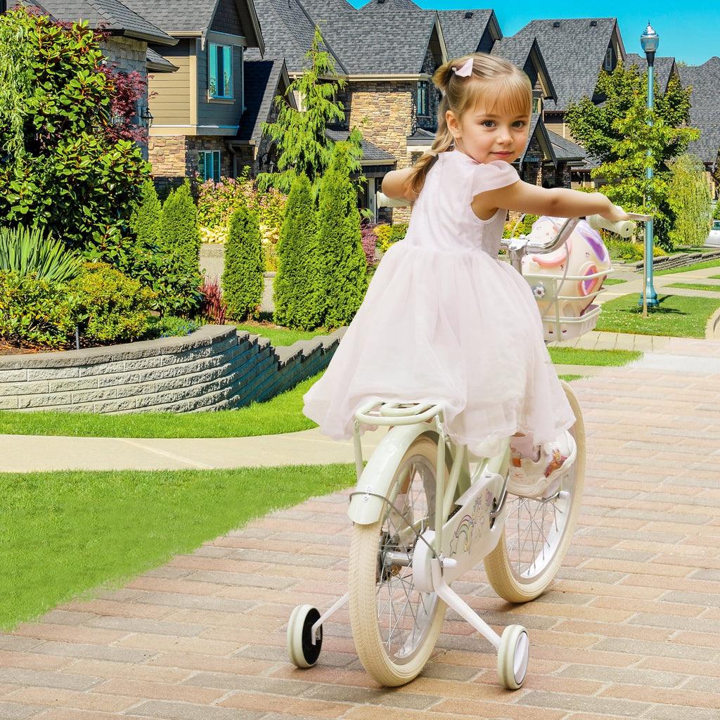16/18 Inch Bike Kids Bicycle with Basket, Girls Bikes Ages 5-10, Kids Bicycles with Front and Rear Brakes, Kid Bike with Training Wheels, Kickstand, Rear Seat