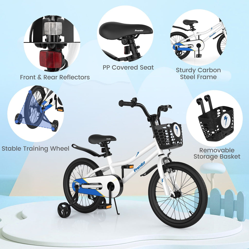 Costway 14'' Kid's Bike with Removable Training Wheels & Basket for 3-5 Years Old White