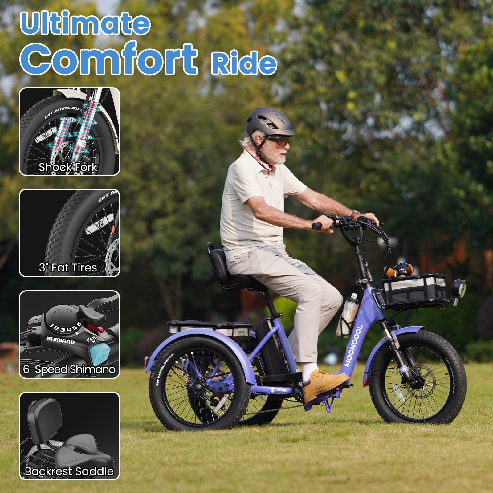 MOONCOOL TK Pro Foldable Electric Tricycle W/ Rearview mirror accessory Kit, 1500W Motor 48V 20Ah Battery, 20 Fat Tire Three Wheel 6-Speed Electric Mountain Bicycle for Adults