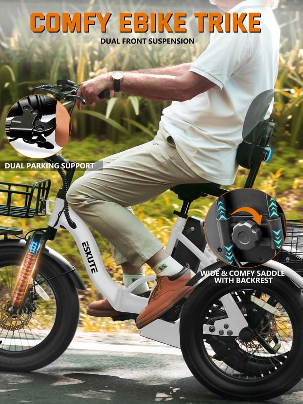 ESKUTE Electric Tricycle for Adults, 1200W Peak Motor, Up to 55 Miles Range, 624Wh Removable Battery, Folding 3-Wheel Ebike with 18x3.0 Fat Tires, Step-Through Red, UL2849