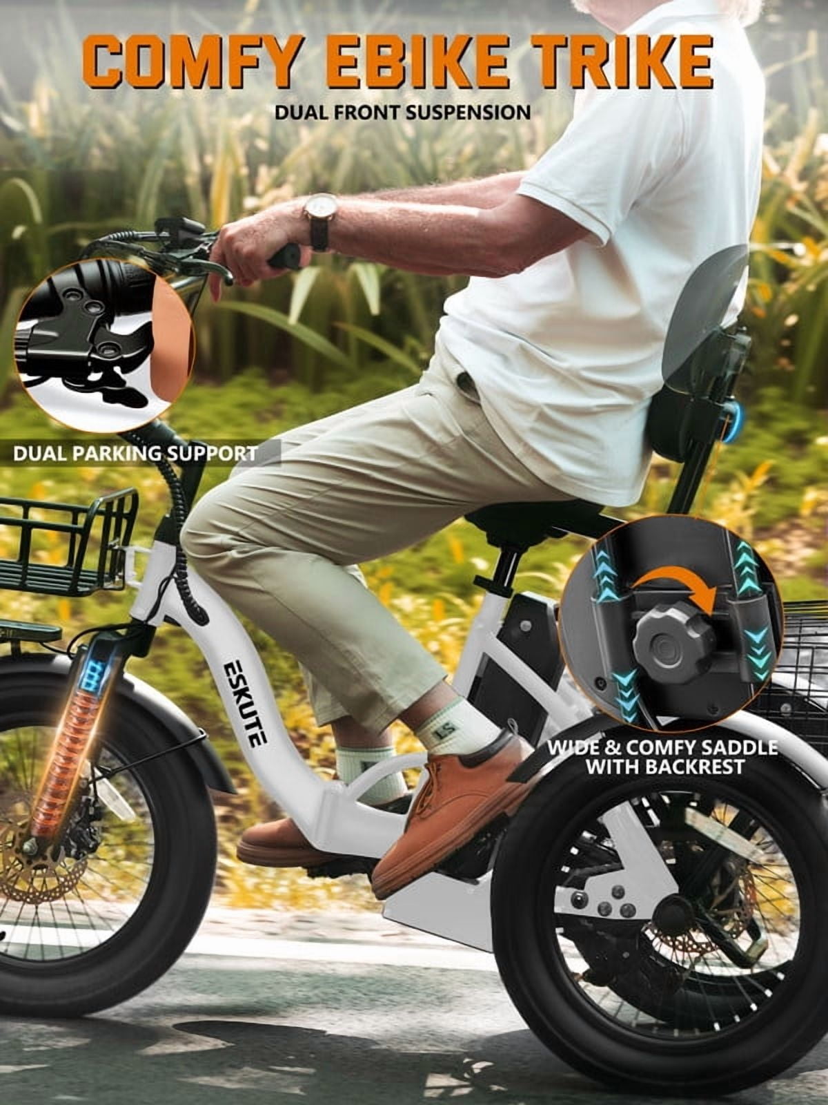 ESKUTE Electric Tricycle for Adults, 1200W Peak Motor, Up to 55 Miles Range, 624Wh Removable Battery, Folding 3-Wheel Ebike with 18x3.0 Fat Tires, Step-Through Red, UL2849
