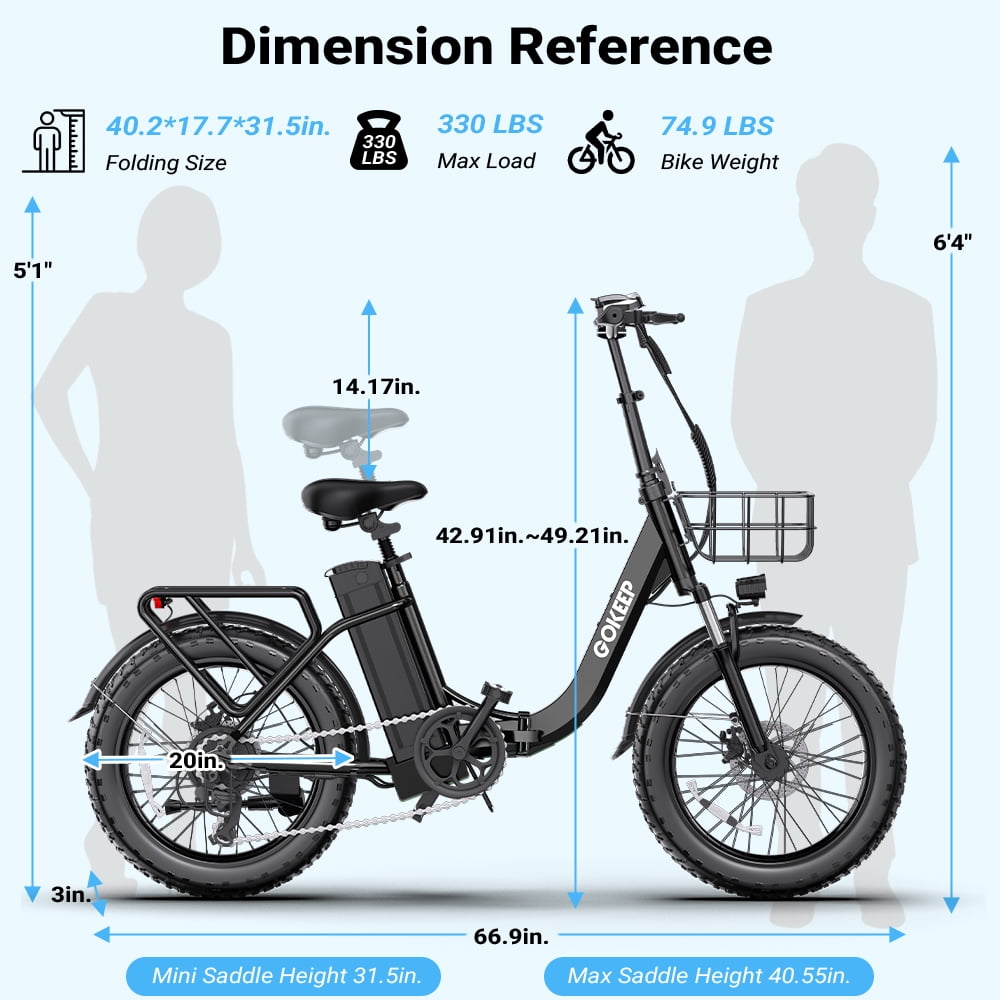 GOKEEP Folding Electric Bike for Adult, 52V 13Ah Removable Battery, 20 Fat Tire & Front Suspension Electric Bicycles, 7-Speed Commuter Ebike, UL2849, Black