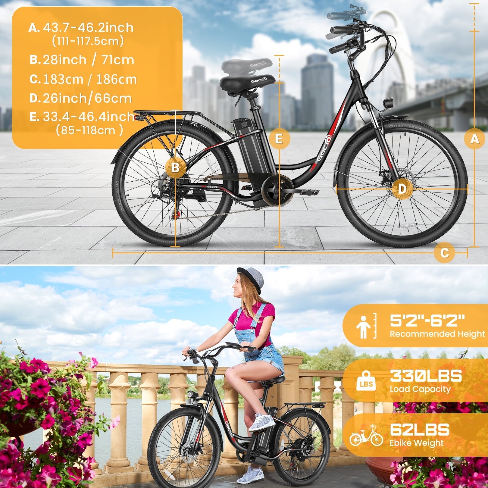 Gocio 26 Electric Bike for Adults, 500W Motor, City Commuter E-Bike, 48V 7.8Ah Removable Battery, Max 19.8Mph, 7 Speed, UL2849