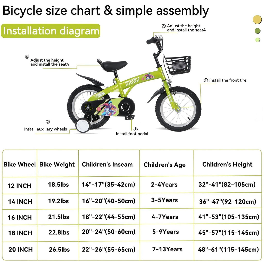 16 Kids Bicycle with Training Wheels Single Speed Sporty Kids Bike for Boys Girls Aged 4-7 Years, Green