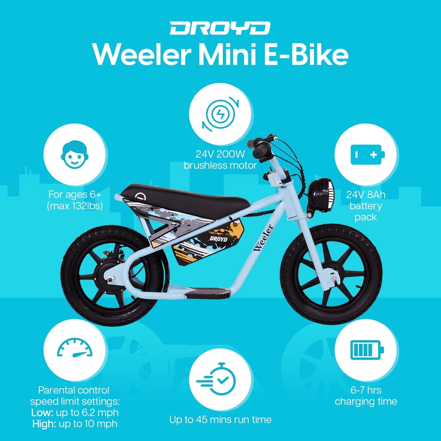 Droyd Weeler Electric Mini Bike - 24V 8Ah Battery, 6-10 MPH, Up to 8 Miles, LED Lights, Kids Ages 6+ - Blue