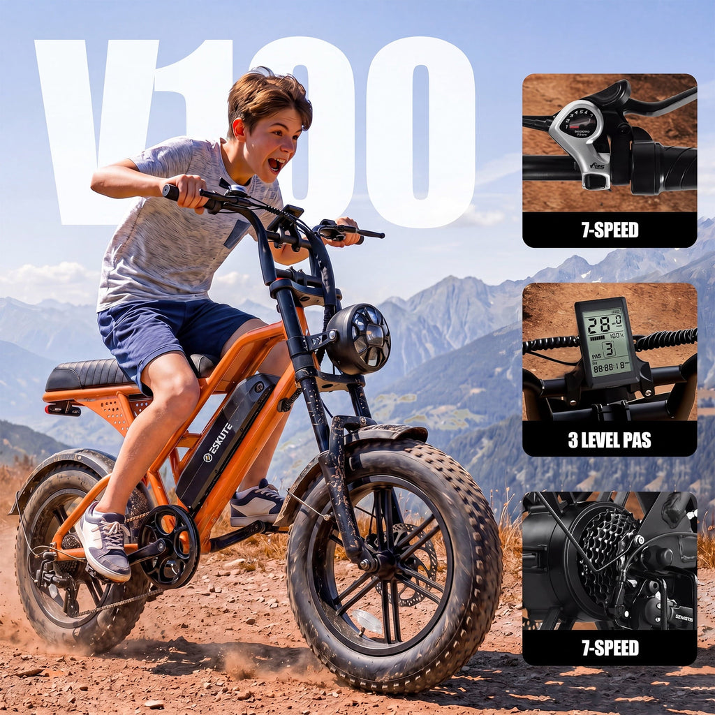 ESKUTE V100 Electric Bike for Teens Adults, 750W Peak 1500W 28 Mph 48V 13 Ah,16x4.0 Fat Tire E Bicycle, 7-Speed E-Bike with Dual Suspension, UL2849