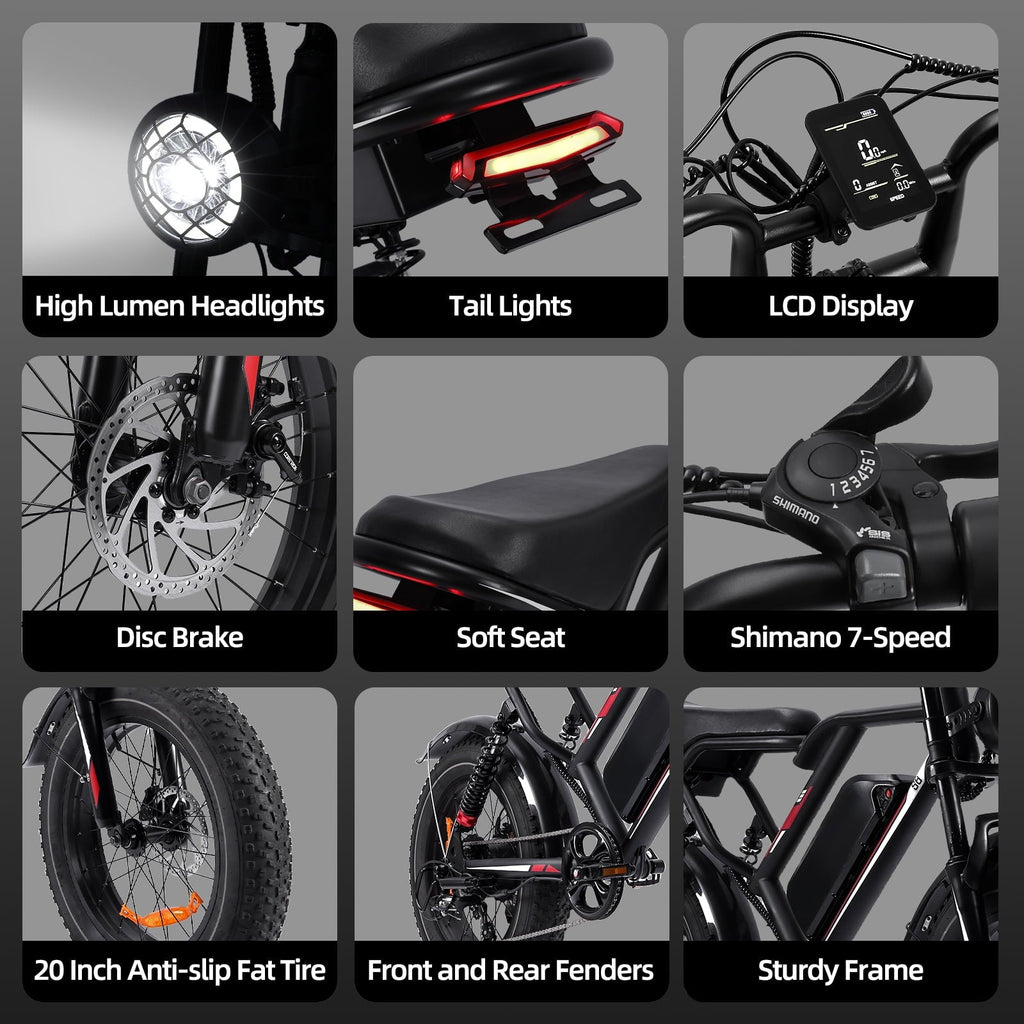 UL2849 Electric Bike for Adults - Peak 2000W Motor, 20x4 Fat Tire,48V/25AH, Full Suspension, 7-Speed