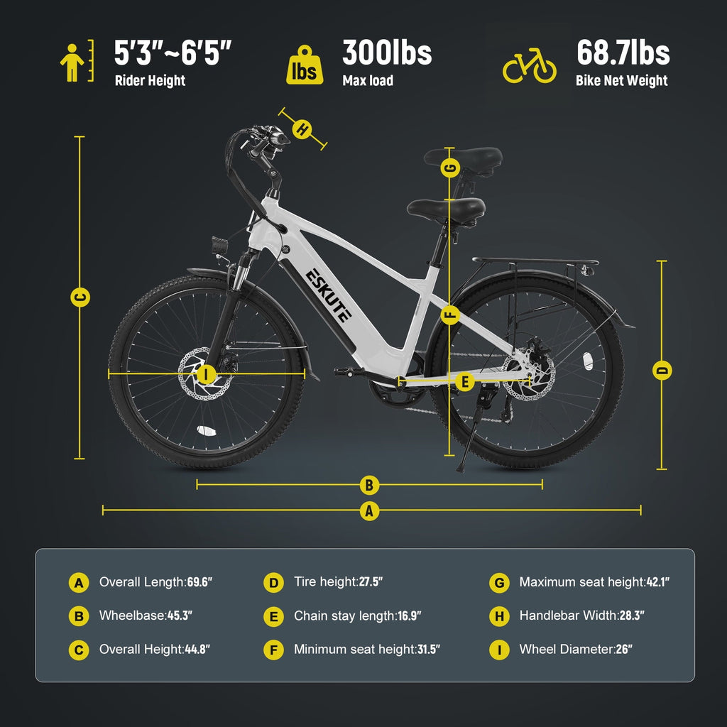 ESKUTE C200D 70-Mile Electric Bike for Adults, 840Wh Removable Battery, 1300W Peak Motor, Up to 28MPH, 26 Tires, 7-Speed Step-Over E-Bike White, UL2849