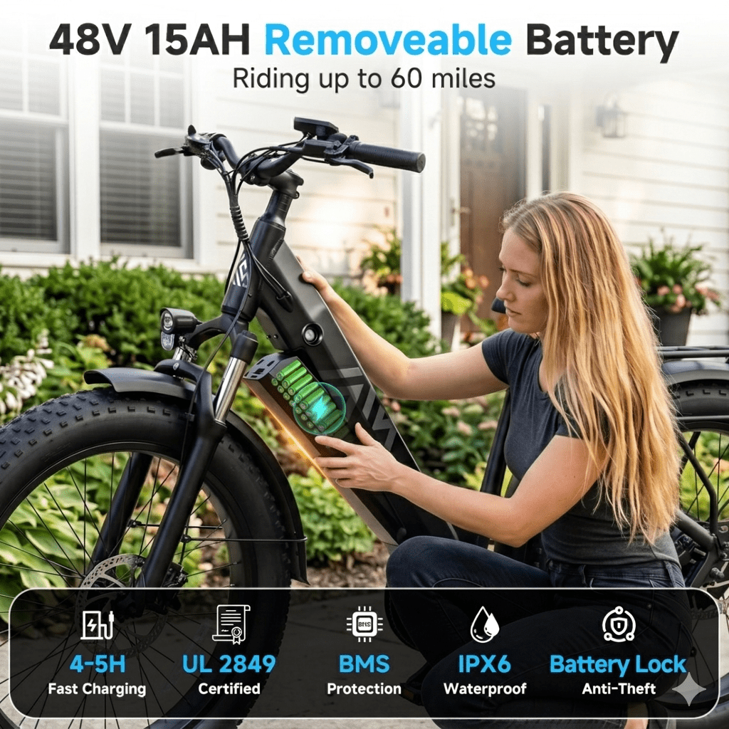 TST Dreamer Electric Bike for Women, Peak 750W E-Mountain Bike, 26 Fat Tire Electric Bike, 48V/15Ah Battery UL2849, 60Miles Long Range, 7-Speed Gear