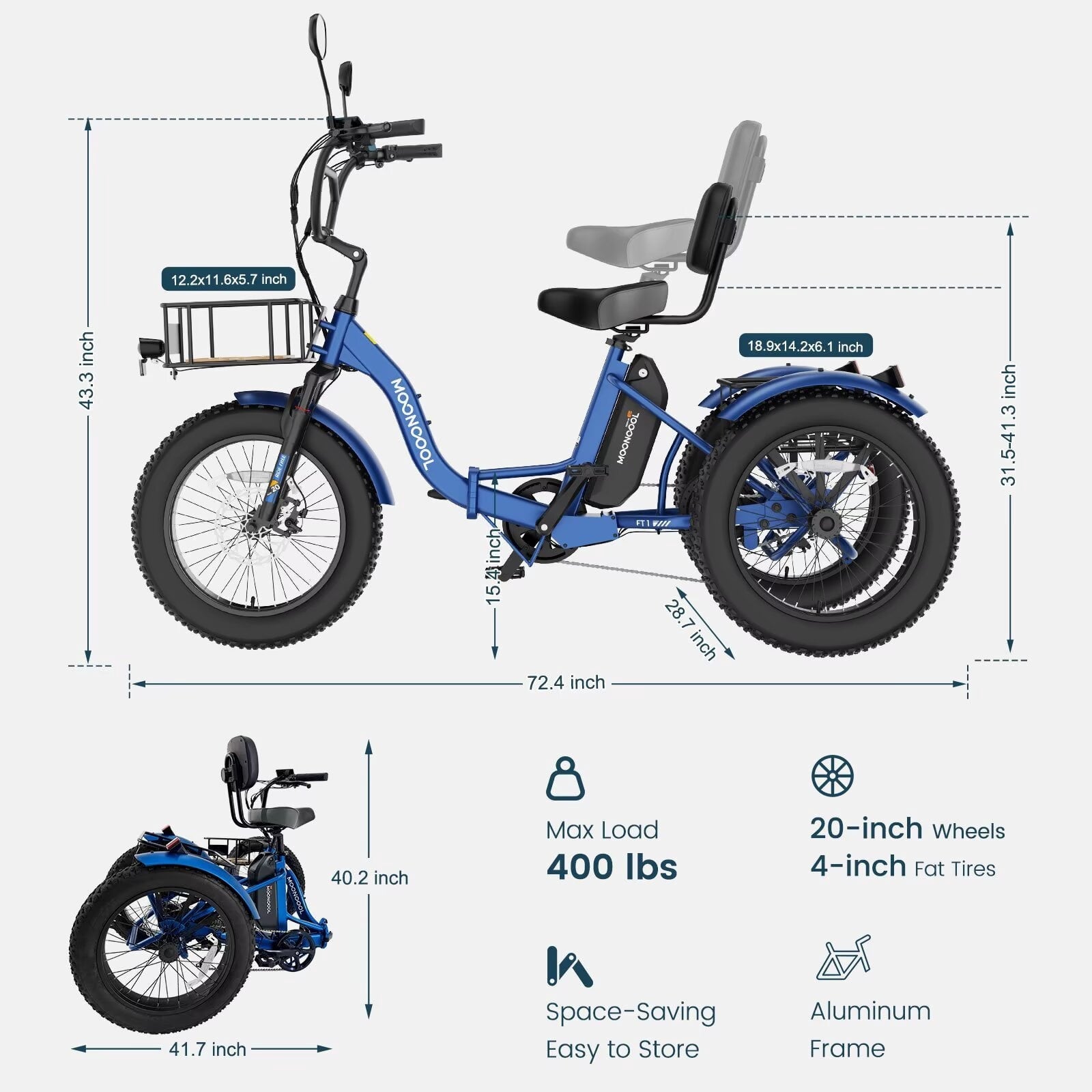 MOONCOOL Folding Electric Tricycle for Adults, 20 x 4 Fat Tire Electric Trike, 48V Peak 1092W  Electric Bicycle, 3 Wheels 7 Speed Ebike w/ 14.5Ah Removable Battery& Speed Differential Mechanism