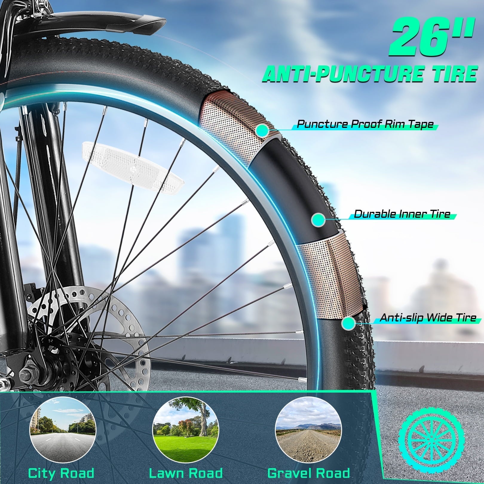Gocio UL2849 Certified 26 Electric Bike for Adults, 750W Peak Motor, 48V 7.8Ah Battery, 19.8 mph 7-Speed Commuter Ebike with Disc Brakes