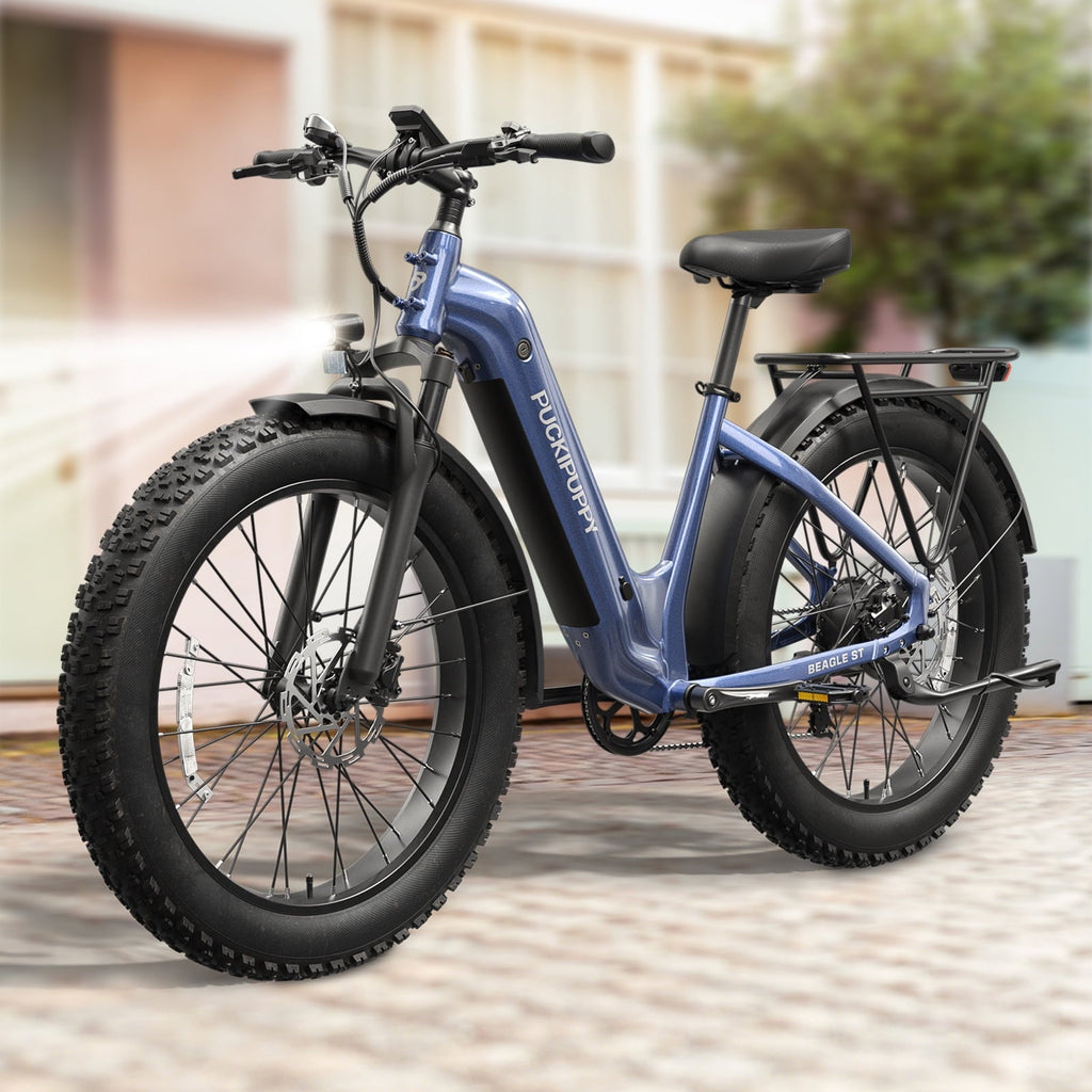 PUCKIPUPPY 960W Peak Electric Bike for Adults Step Through E-Bike 28mph Max Speed 60Miles Range 26 Fat Tire Electric Mountain Bike 48V 15AH Battery 7 Speed off-Road Ebike, Comply with UL2849 By SGS