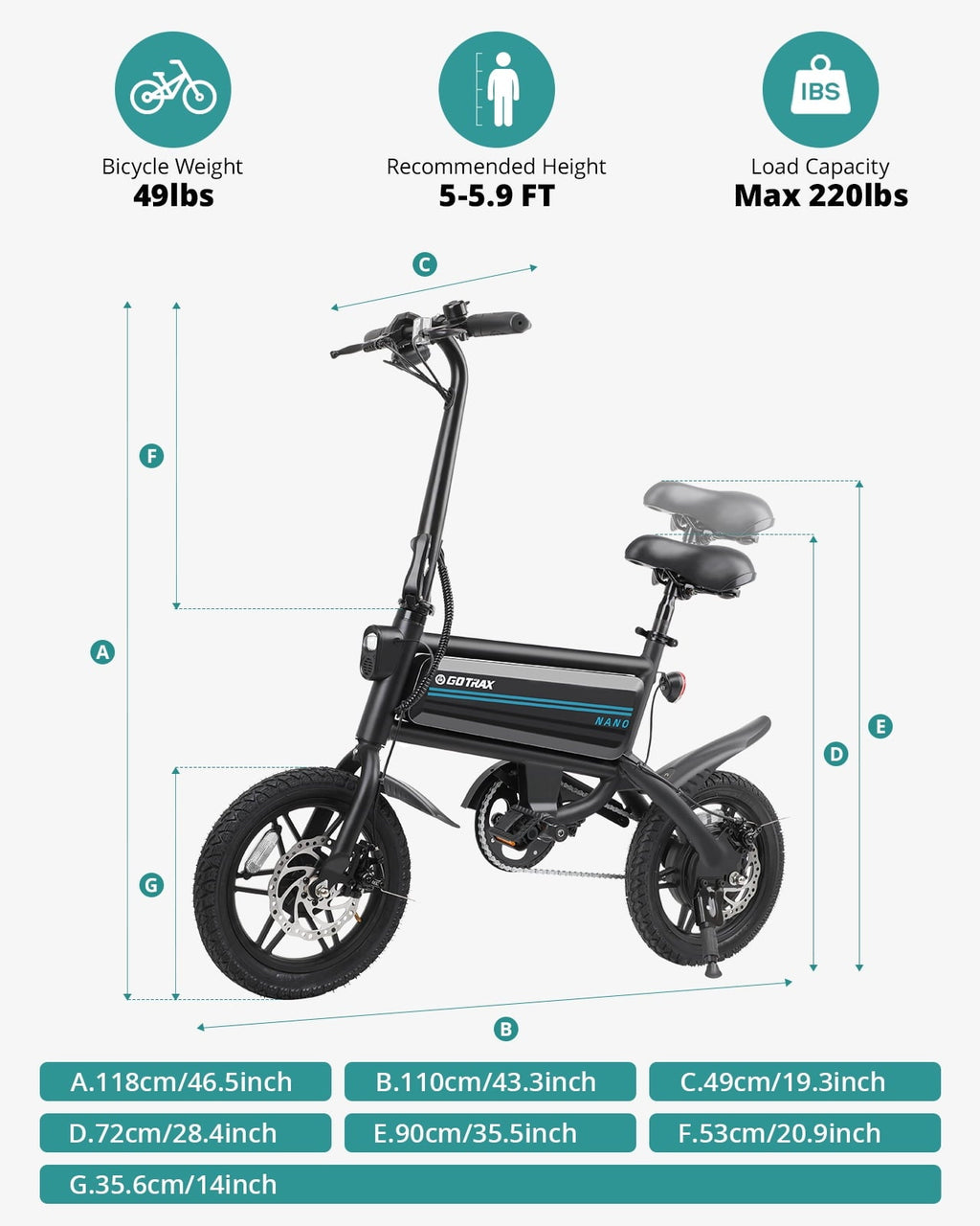 Gotrax Nano 14 Folding Adult Electric Bike,15.5mph 36V 350W Peak Foldable City Bike With LED Light,White