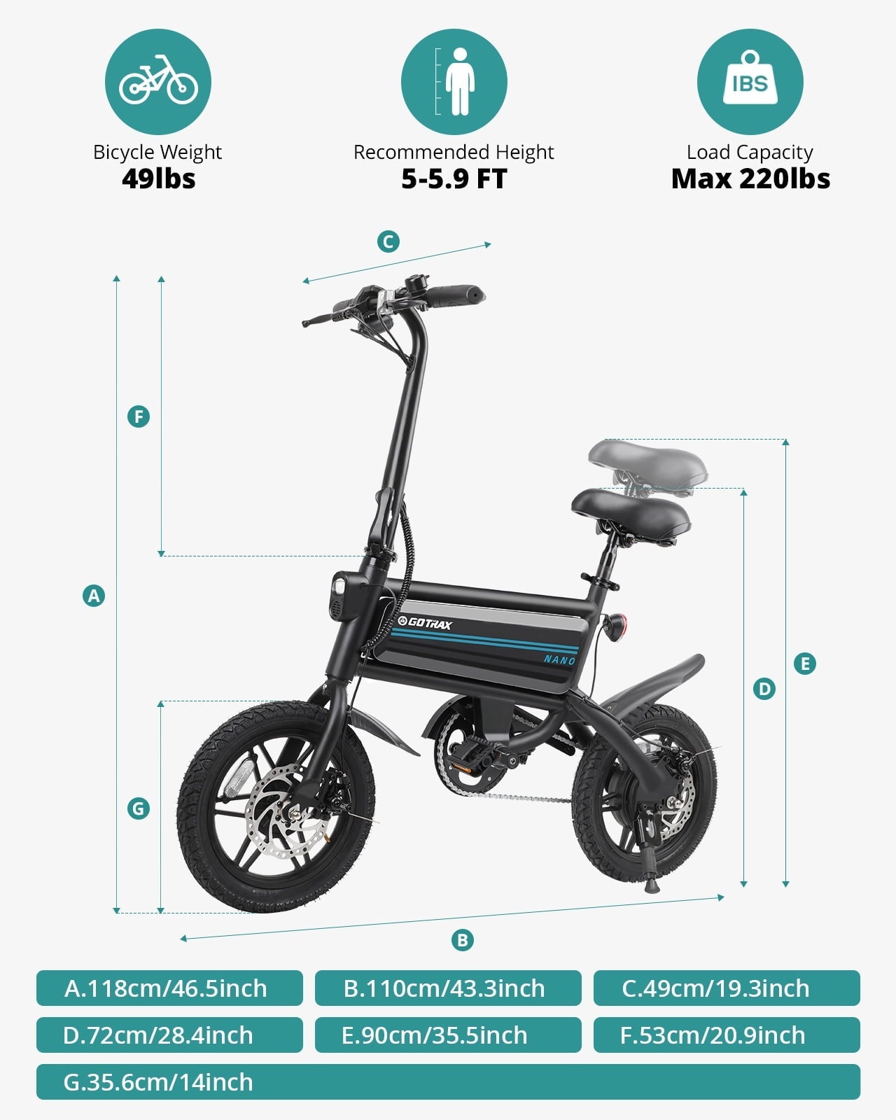 Gotrax Nano 14 Folding Adult Electric Bike,15.5mph 36V 350W Peak Foldable City Bike With LED Light,White
