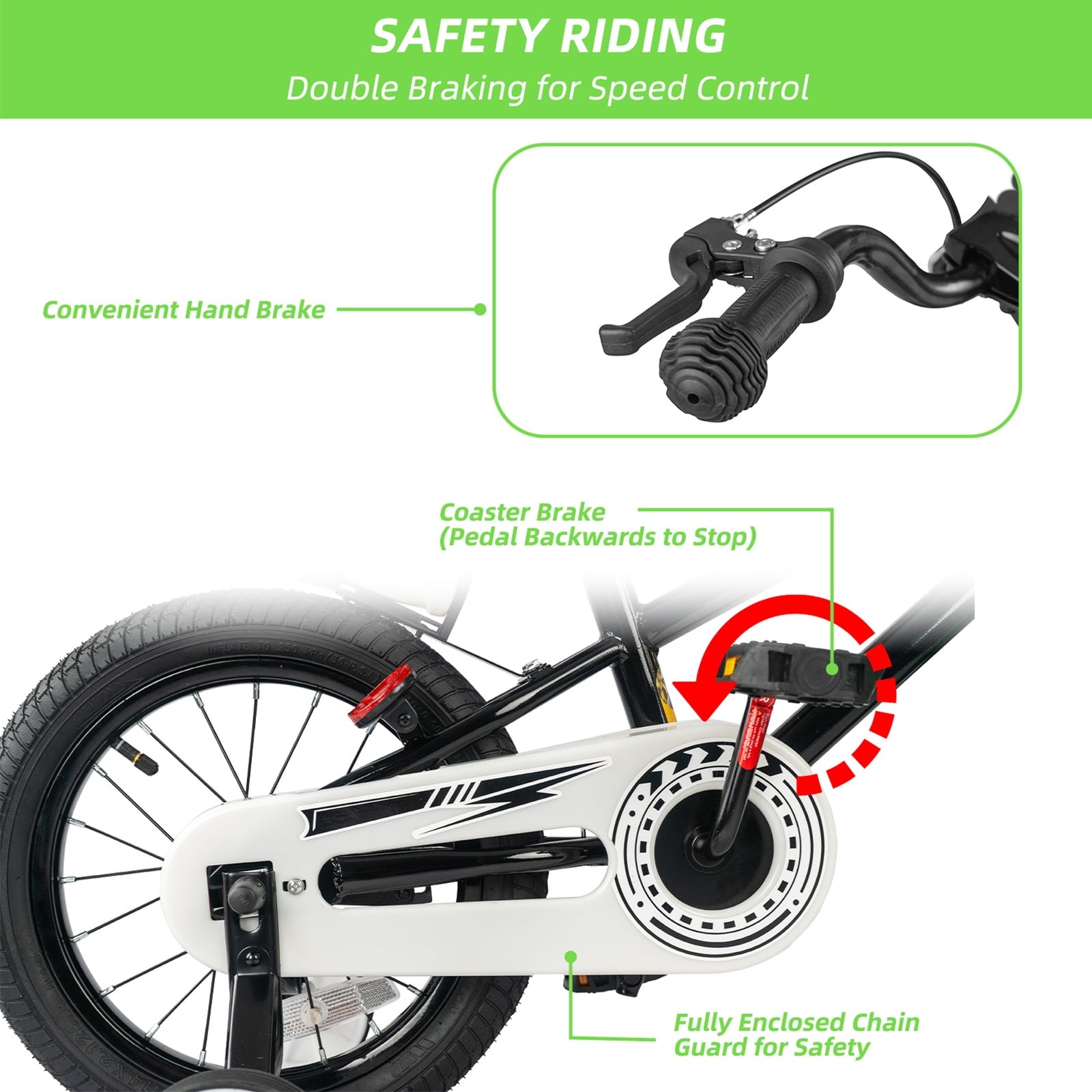 GLAF 12 14 16 Inch Boys Bike with Training Wheels & Water Bottle Holder, for Kids Ages 2-7 Years, Durable Construction, Green