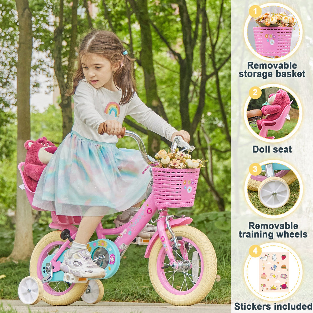 Glerc Maggie 14 inch Kids Girls Bike for Ages 3-5 Years Old Children, Princess Style Kids Bicycle with Doll-Seat & Basket & Training Wheels, Pink
