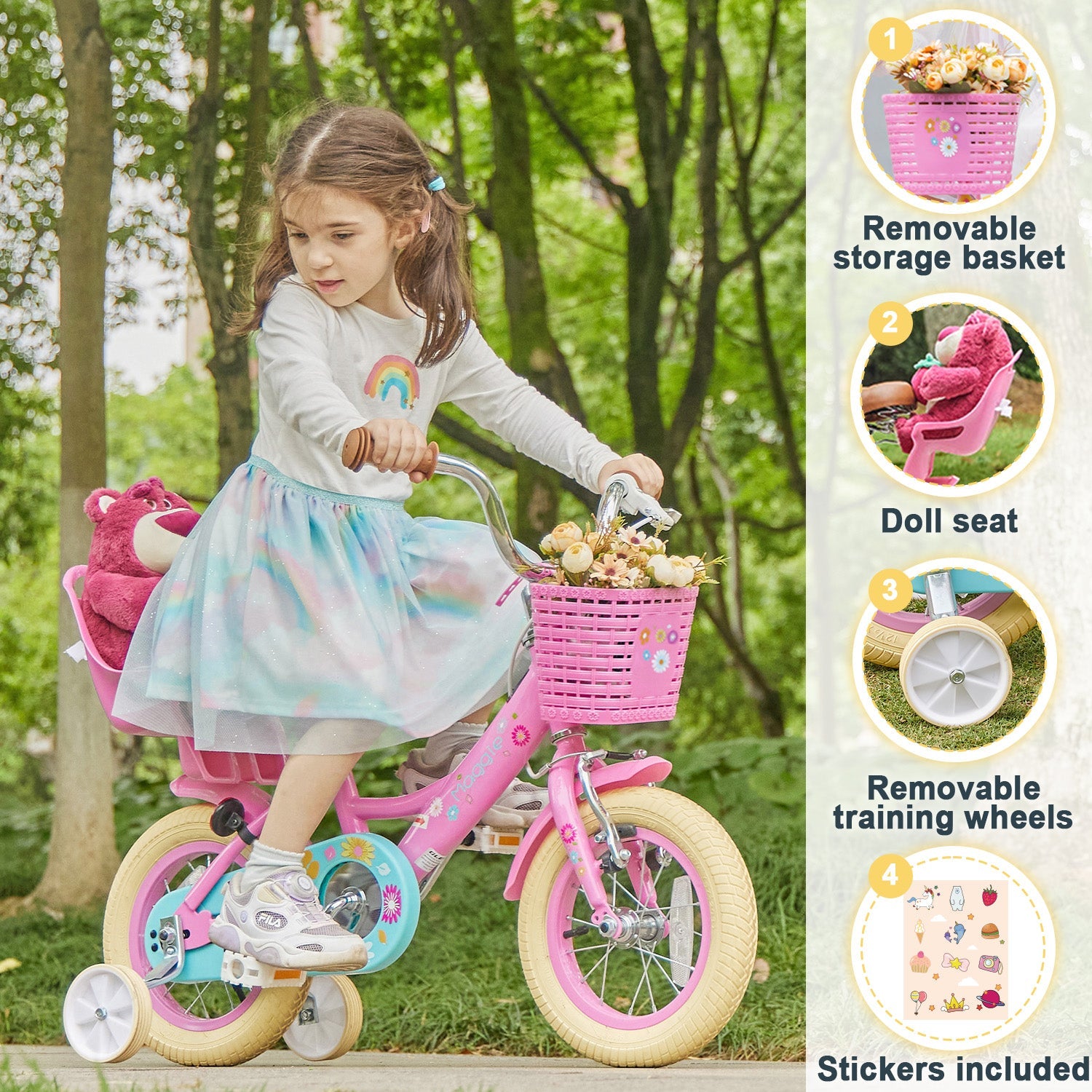 Glerc Maggie 14 inch Kids Girls Bike for Ages 3-5 Years Old Children, Princess Style Kids Bicycle with Doll-Seat & Basket & Training Wheels, Pink