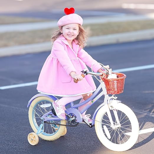 ACEGER 16 Inch Girls Bike with Basket, Purple, Training Wheels, Ages 4-8