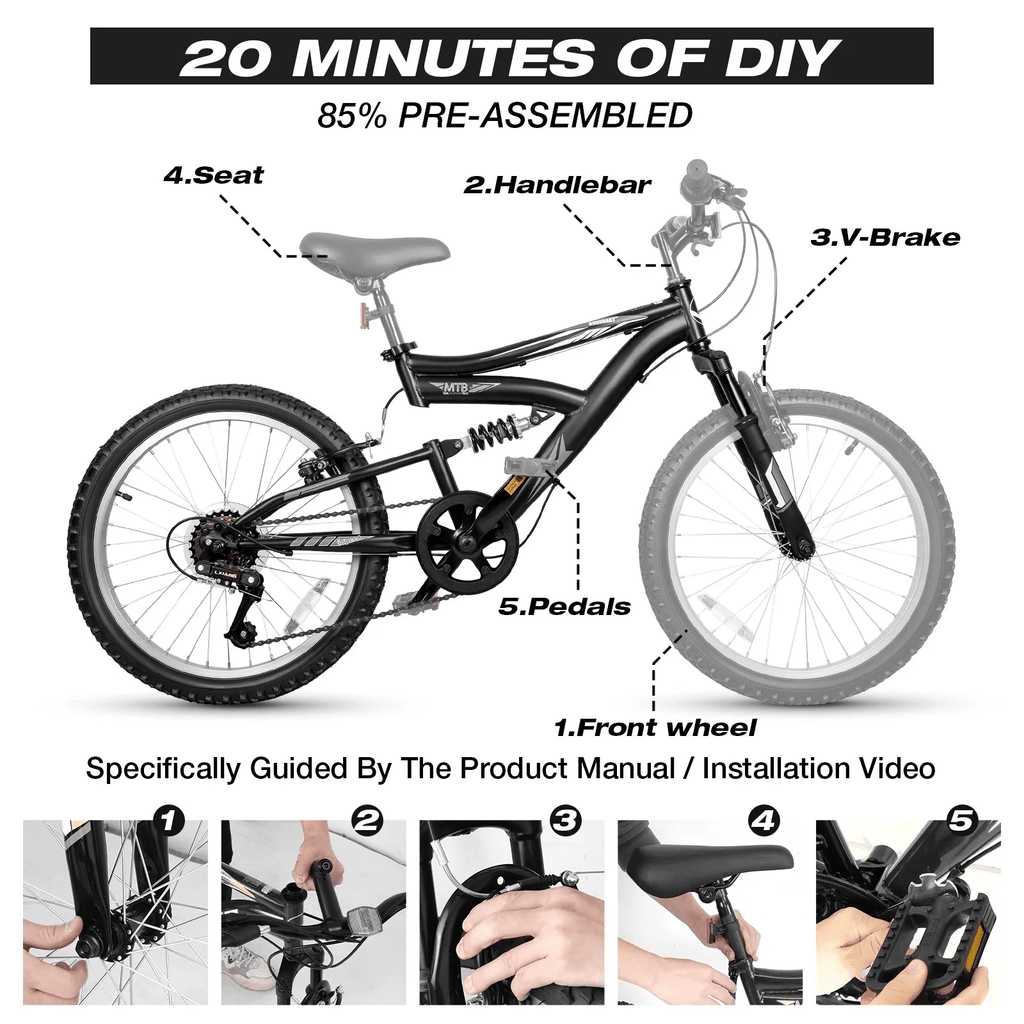 Hykolity Kids Mountain Bike 20 inch MTB Bicycle Age 6-12 Years Height 42-56 in Tween Cycling Full Suspension Sport Outdoor Bikes - Matte Black