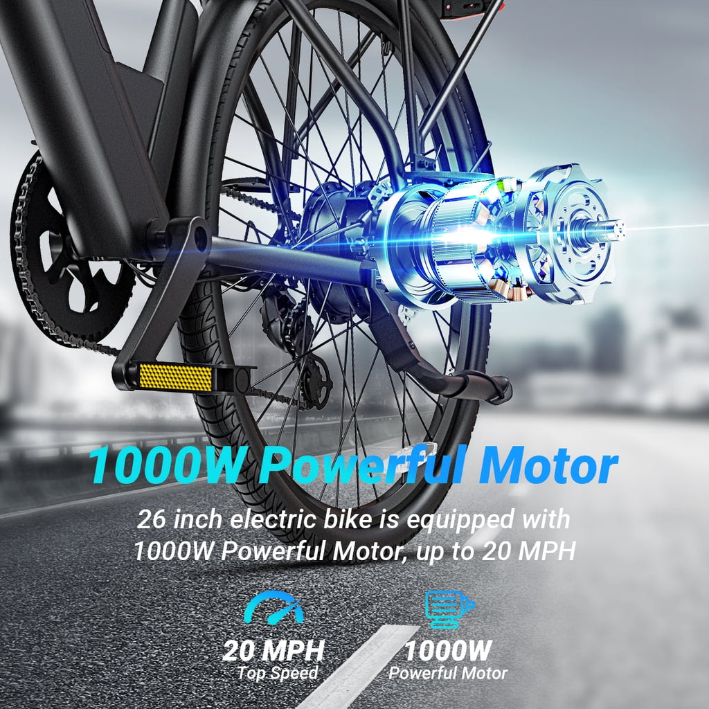 DYU C7L Electric Bike for Adults, 26 Peak 1000W Motor Ebike, 48V 10.4Ah Removable Battery, 45 Miles Max 20MPH, 7 Speed Electric Bicycle UL2849