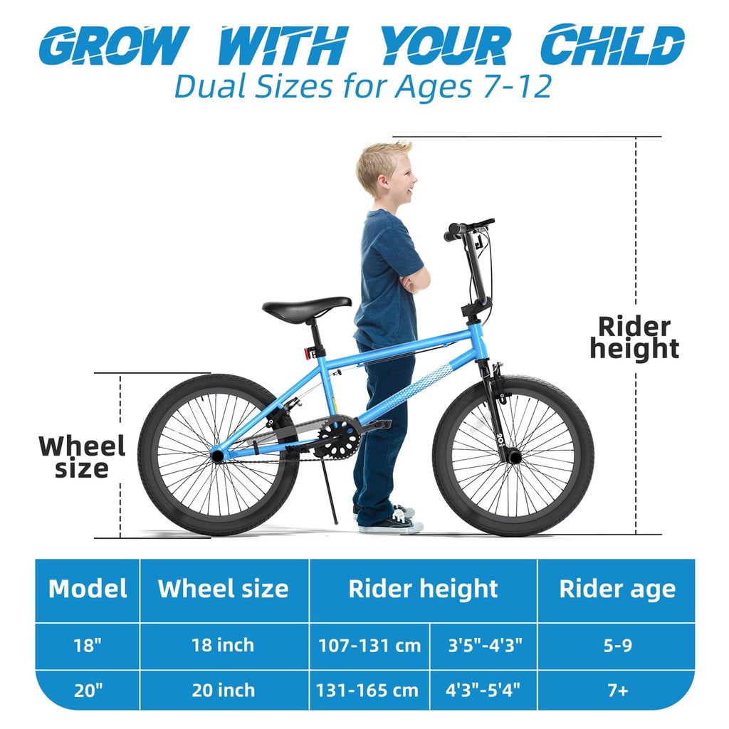KORIMEFA Freestyle Kids BMX Bikes 18 20 Inch Kids Bicycles for Years Old Boys Girls Teen with Adjustable Seat and Handbrake, for Kids 8-12 Beginner-Level to Advanced Rider