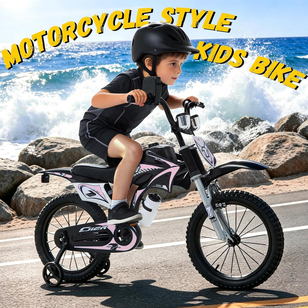 NEORIVER 16 Inch Motocross Style Kids Bike – Training Wheels, Sound Horn, Number Plate & Dashboard Included – Easy Assembly – Ages 3-12 Boys Girls