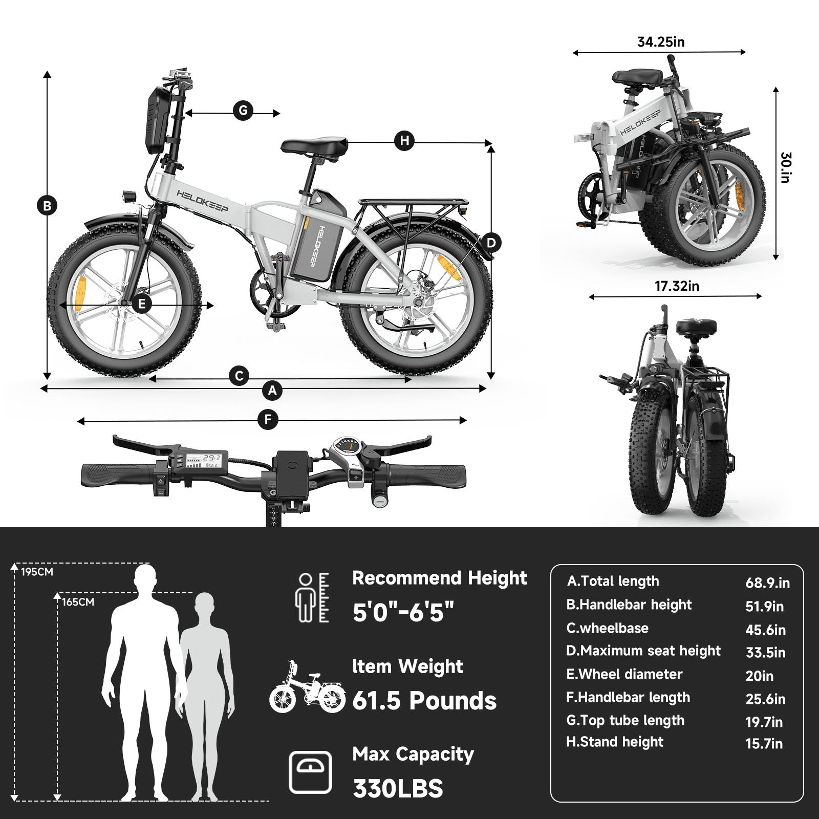 1500W Peak Folding Electric Bike for Adults, 48V 25Ah UL 2849 Certified Battery, 20x4 Fat Tire E-Mountain Bicycle, Shimano 7-Speed, Rear Rack, Up to 30MPH, Black